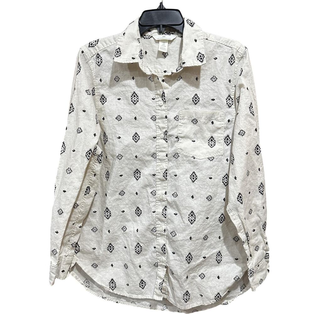 HM Shirt Women Size S Beige Linen Blend Button Up Long Sleeve Geometric Top